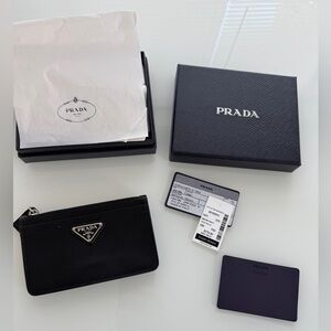 Prada Black Saffiano Leather Zip Card Holder with Triangle Logo